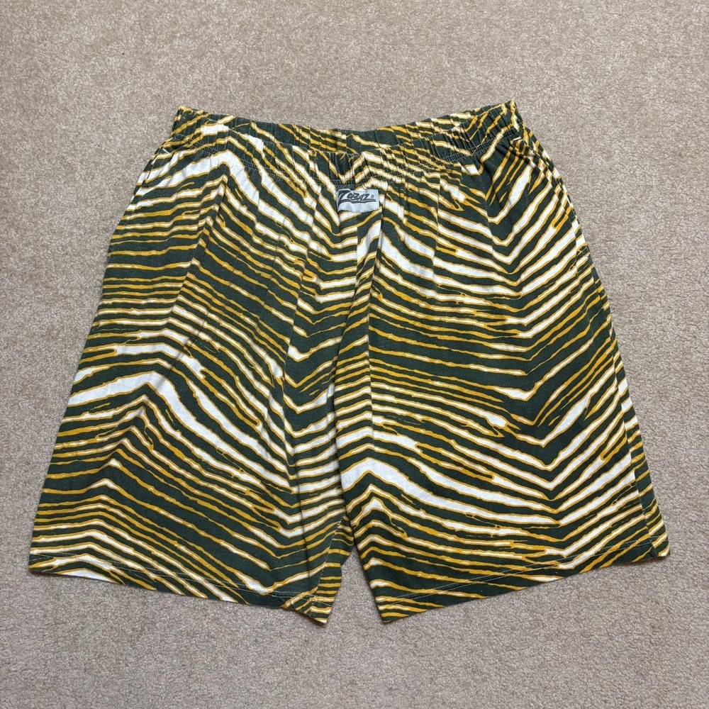 Vtg Zubaz Sweat Shorts Mens 2XL Green Yellow Zebra Stripe Print Elastic USA 90s